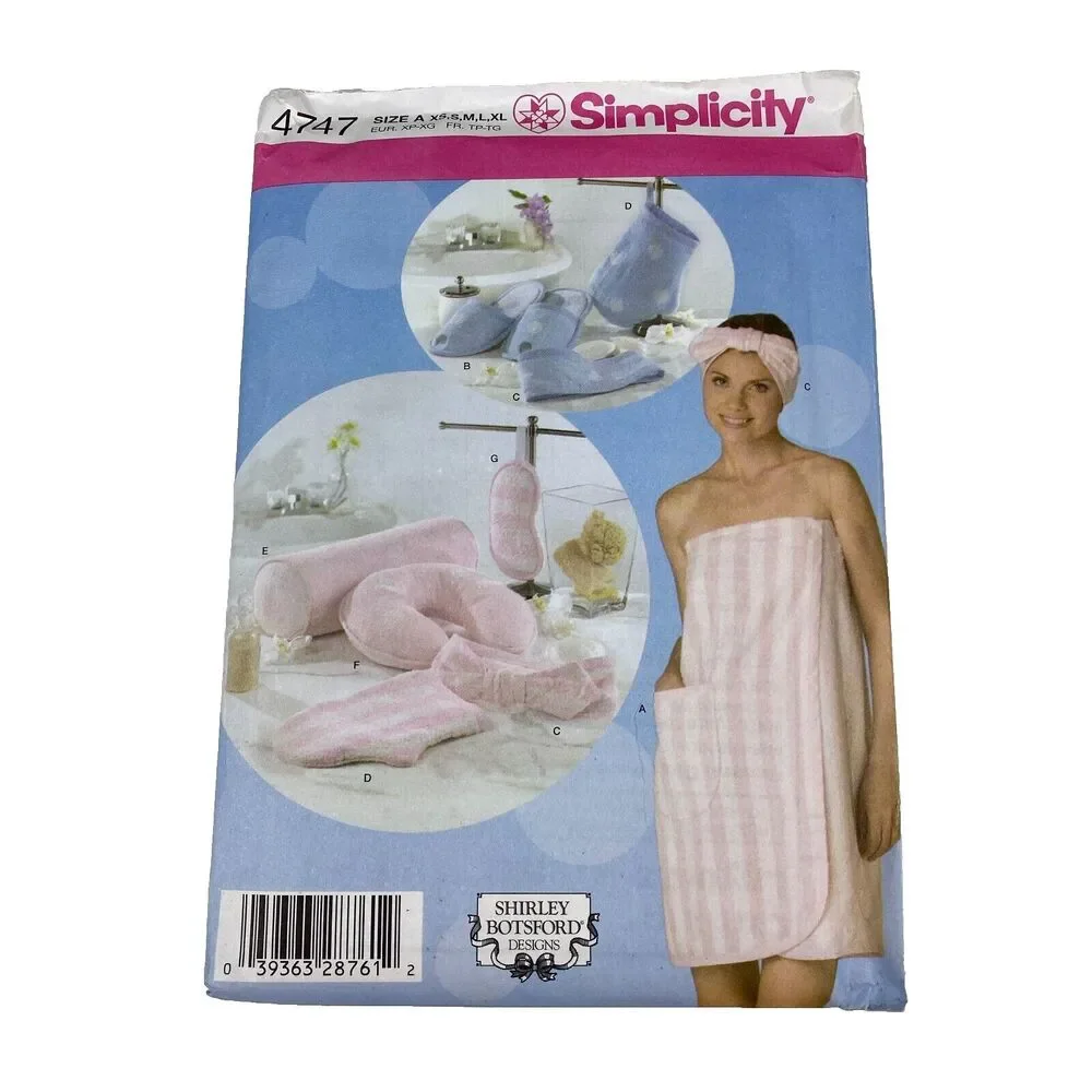 Simplicity 4747 Sewing Pattern Towel Wrap Headband Slippers y2k Sz XS-XL UNCUT